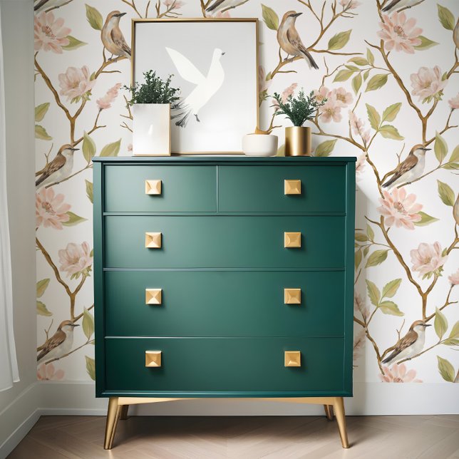 Papel Pintado Elegante pájaro de pintura de aceite y floral rosa (Elegant Oil Painting Bird & Branch Pink Floral Wallpaper)