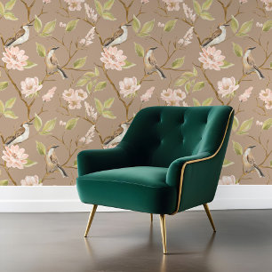 Papel Pintado Elegante pájaro de pintura de aceite y floral rosa