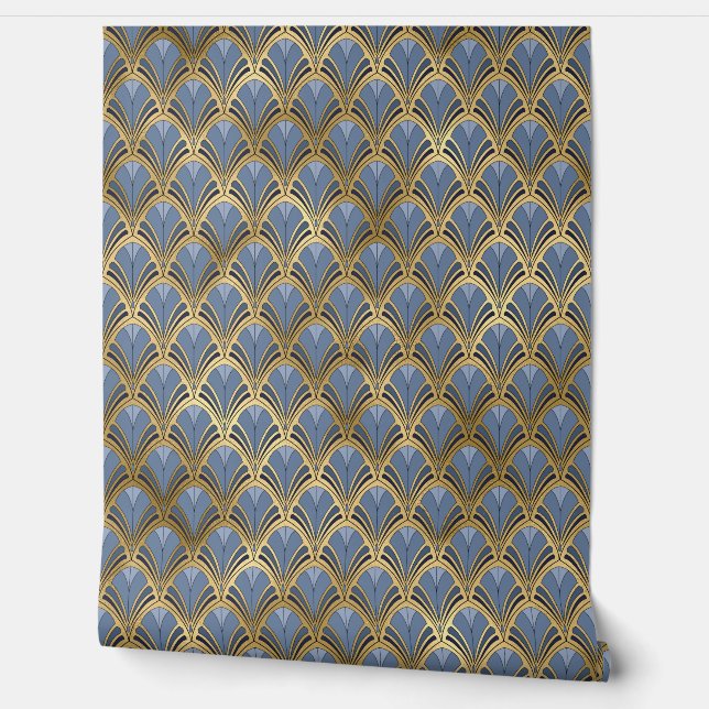 Papel Pintado Elegante patrón Art Decó de Oro Azul (Desenrollar)