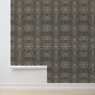 Papel Pintado Elegante patrón Art Deco floral en beige y gris