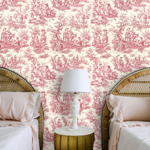 Papel Pintado Elegante patrón botánico de toile vintage rojo