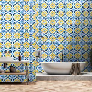 Papel Pintado Elegante patrón de azulejos azules y amarillos med