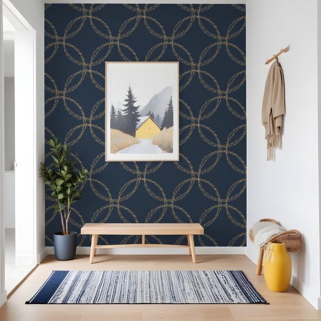 Papel Pintado Elegante patrón de círculo Purpurina de oro de la  (Elegant Geometric Navy Gold Glitter Circle Pattern Wallpaper)