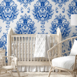 Papel Pintado Elegante patrón de damasco mediterráneo azul y bla