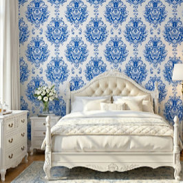Papel Pintado Elegante patrón de damasco mediterráneo azul y bla