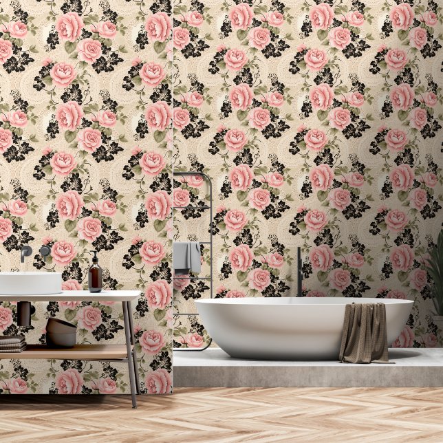 Papel Pintado Elegante patrón de encaje de rosas rosadas victori (Baño)