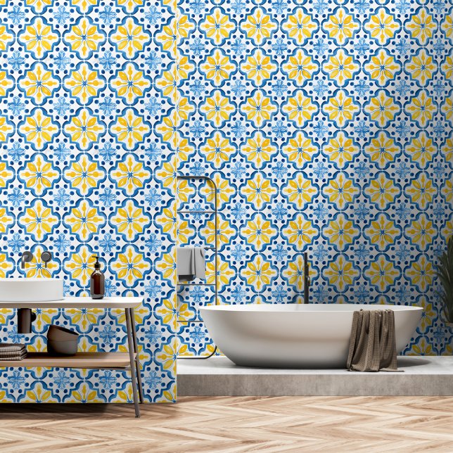 Papel Pintado Elegante patrón de mosaico amarillo azul mediterrá (Baño)
