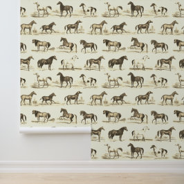 Papel Pintado Elegante patrón de razas de caballos vintage beige