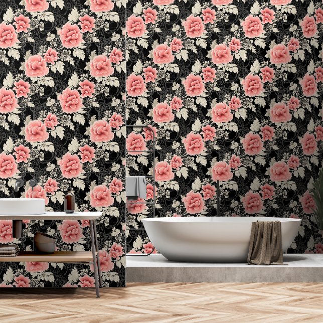 Papel Pintado Elegante patrón de rosas rosadas victorianas (Baño)