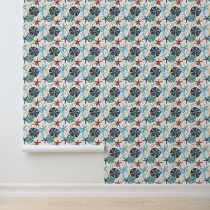 Papel Pintado Elegante patrón de tesoros oceánicos azules y dora