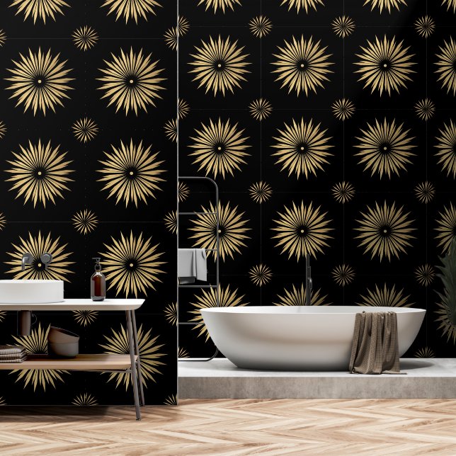 Papel Pintado Elegante patrón dorado negro moderno (Baño)