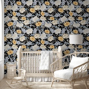 Papel Pintado Elegante patrón floral amarillo/blanco sobre negro