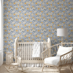 Papel Pintado Elegante patrón floral azul amarillo/blanco, azul