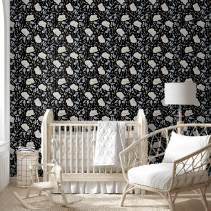 Papel Pintado Elegante patrón floral azul y blanco sobre negro