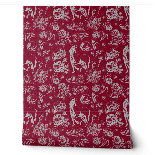 Papel Pintado Elegante Patrón Floral de Caballo Gris Borgoña Vin