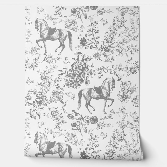 Papel Pintado Elegante patrón floral de caballos blancos y grise (Desenrollar)