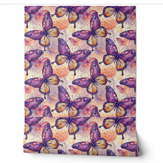 Papel Pintado Elegante patrón floral de mariposa púrpura botánic
