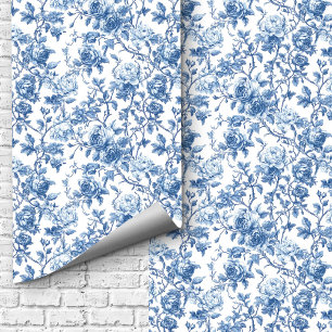 Papel Pintado Elegante Patrón Floral de Rosas Toile Azul Marinho