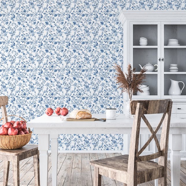 Papel Pintado Elegante patrón floral de toile azul y blanco (Elegant toile blue and white floral botanical print - chic, elegant style for your home)