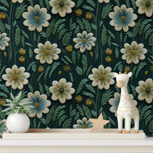 Papel Pintado Elegante patrón floral verde bordado