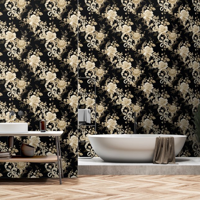 Papel Pintado Elegante patrón floral victoriano negro (Baño)