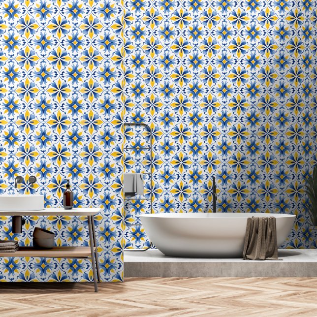 Papel Pintado Elegante patrón mediterráneo amarillo azul (Baño)