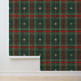Papel Pintado Elegante Patrón Tartán de Oro Verde Rojo