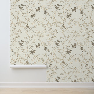 Papel Pintado Elegante patrón vintage beige de pájaro y rama