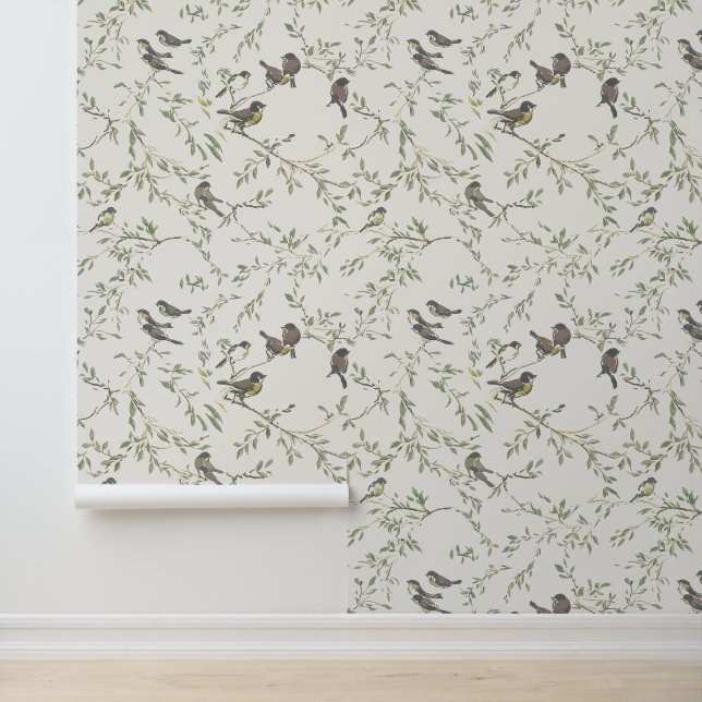 Papel Pintado Elegante patrón vintage de pájaro y rama (Solicitud)