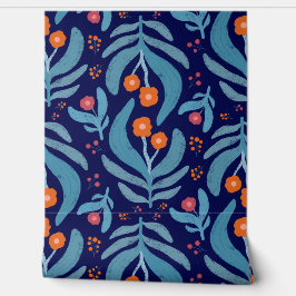 Papel Pintado Elegante Patrulla Azul Naranja Plantas Florales Ro