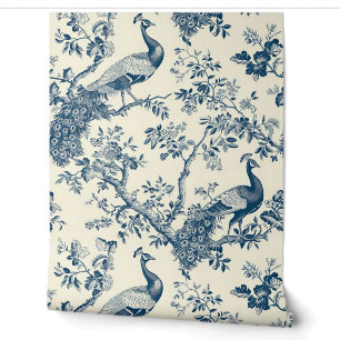 Papel Pintado Elegante Pavón de Chinoiserie Azul Vintage