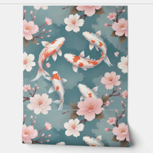 Papel Pintado Elegante pez koi nade entre flores de cerezo en el