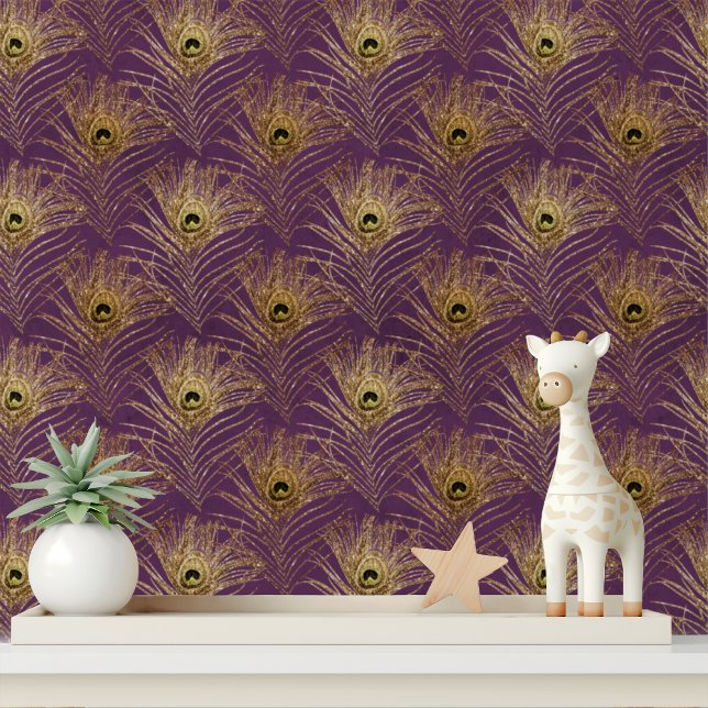 Papel Pintado Elegante Plum Gold Purpurina Peacock Feathers Moda (Subido por el creador)