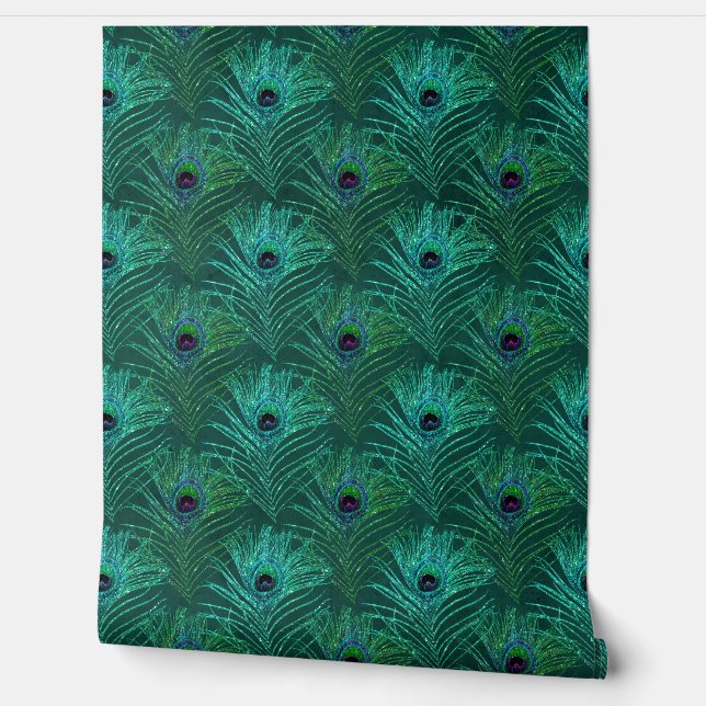 Papel Pintado Elegante Purpurina verde Moda de plumas de pavo re (Desenrollar)