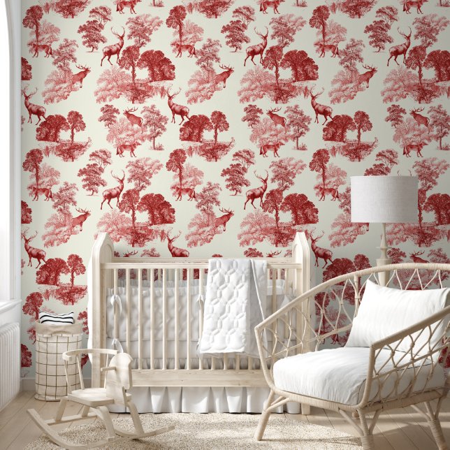 Papel Pintado Elegante Red Toile Deer Fox Woodland (Niños)