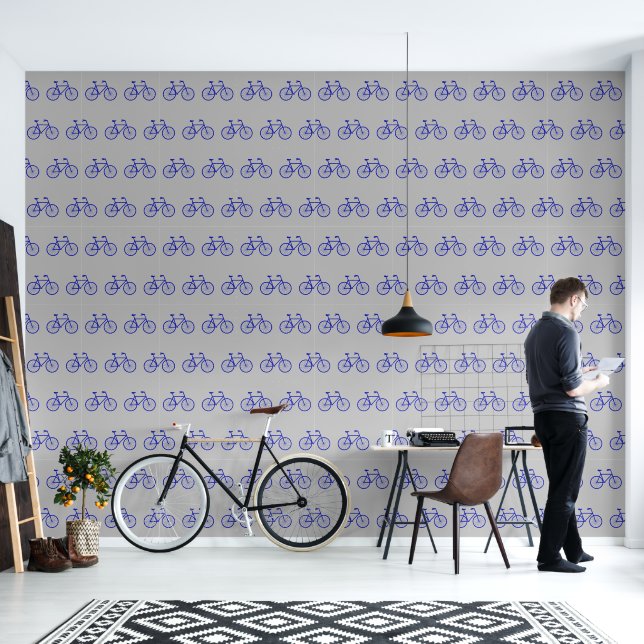 Papel Pintado Elegante Resumen Arte Azul Bicicletas Patrón Gris (Sala de estar)