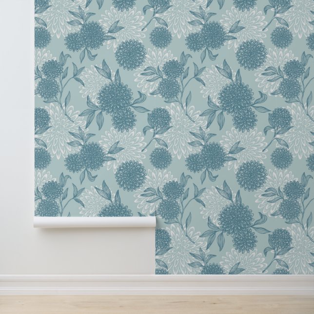 Papel Pintado Elegante Retro Viburnum Patrón Floral Polvo Azul (Solicitud)