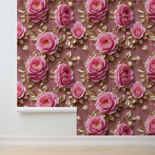 Papel Pintado Elegante Rosa Rosa Oro Botánico Autoadhesivo (Solicitud)