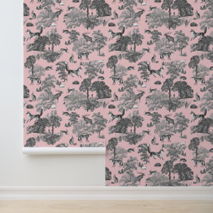 Papel Pintado Elegante Rústico Fox Forest Animals Pink Toile