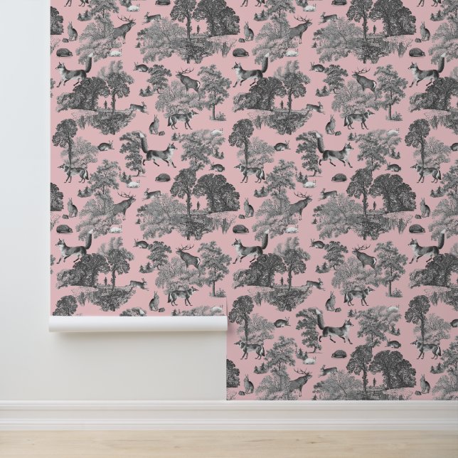 Papel Pintado Elegante Rústico Fox Forest Animals Pink Toile (Solicitud)