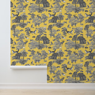Papel Pintado Elegante Rústico Fox Forest Animals Yellow Toile