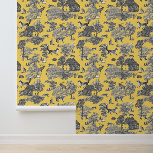 Papel Pintado Elegante Rústico Fox Forest Animals Yellow Toile (Solicitud)