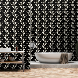 Papel Pintado Elegante Swirly Foliage Negro y Blanco moderno