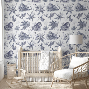Papel Pintado Elegante tela azul animal tropical de época