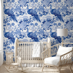 Papel Pintado Elegante Toile De Jouy Azul Blanco Pavón Floral