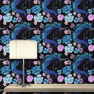 Papel Pintado Elegante Unicornio Negro Fantasía Mágica Azul Plat