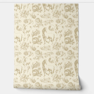 Papel Pintado Elegante Vintage Beige Toile Hípica Patrón Floral