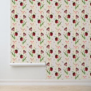 Papel Pintado Elegante Vintage Bows Tulips Patrón de franja flor