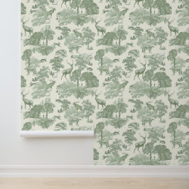 Papel Pintado Elegante Vintage Sage Green Deer Woodland Toile