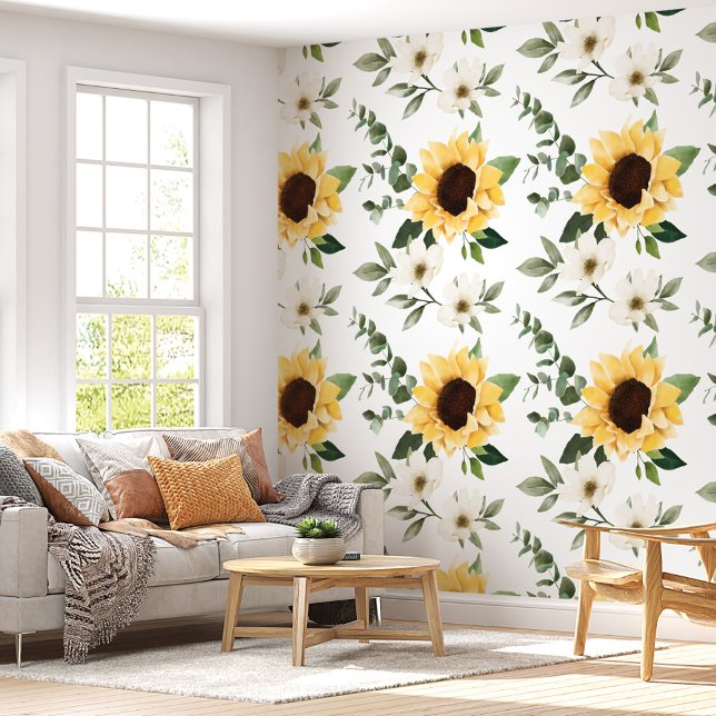 Papel Pintado Elegante Watercolor Country Sunflowers Botánico (Elegant Country Watercolor Sunflowers Botanical Wallpaper)